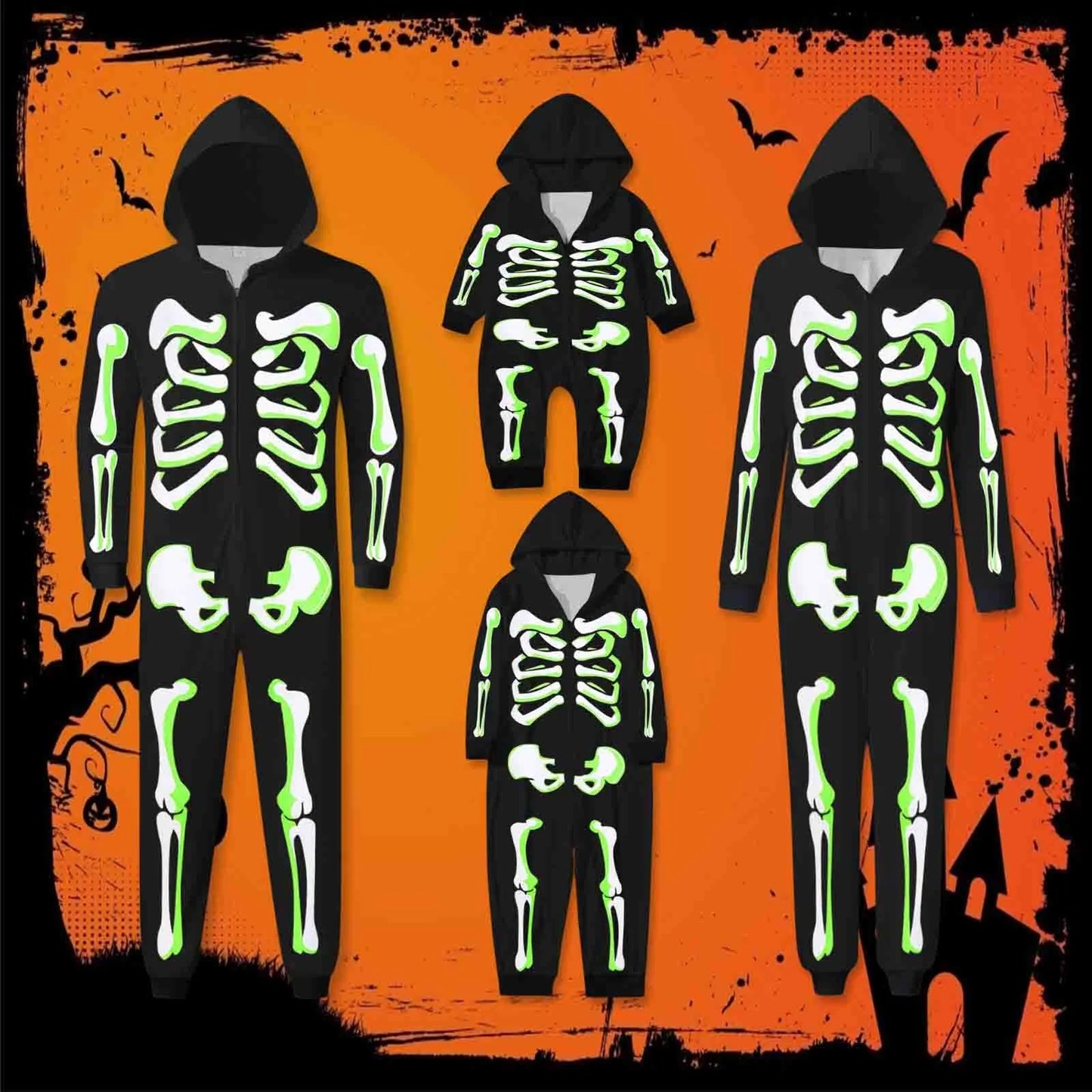 Halloween Parent-Child Skeleton Print Jumpsuit with Zipper Hood