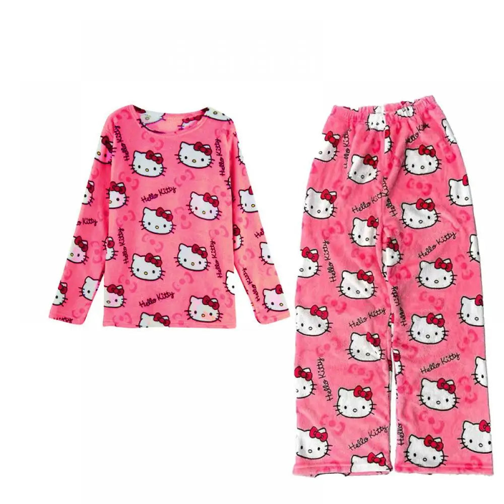 2PCS Sanrioed Hello Kittys Kawaii Loungewear Set Loose Flannel Ladies Pajama Pants Girl Autumn Women Casual Cute Home Clothing