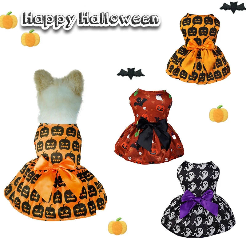 Halloween Dog Clothes with Pumpkin Print Funny Pet Dress Chihuahua Yorkie Clothing Bow Mesh Party Clothing Cat Costume Dog Dress