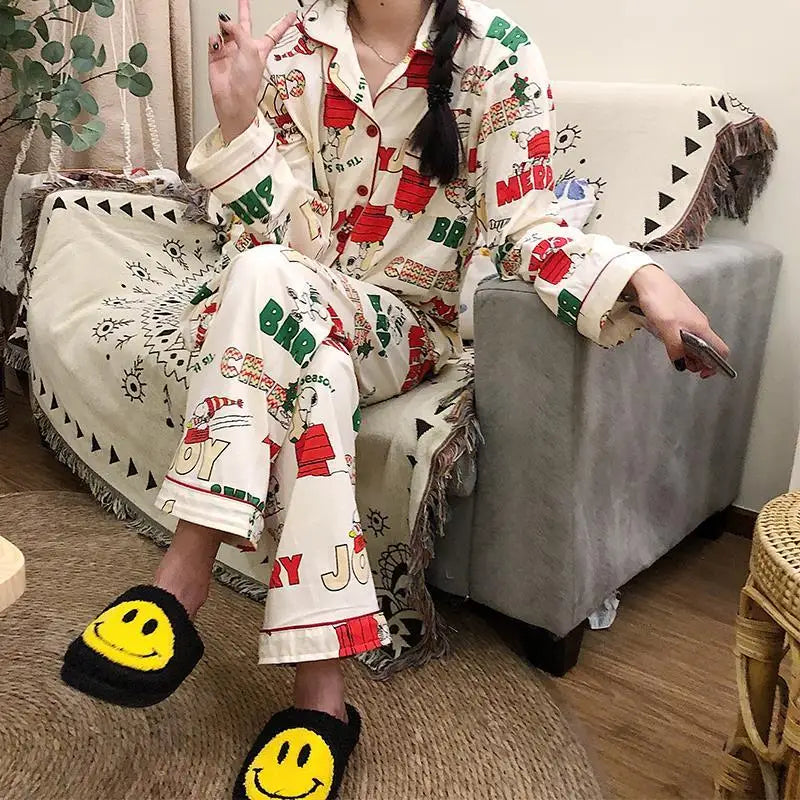 Ins Christmas Tree Snoopy Pajamas Cartoon Soft Female Cardigan Couple Long Sleeved Trousers Anime Home Service Suit Girls Gifts