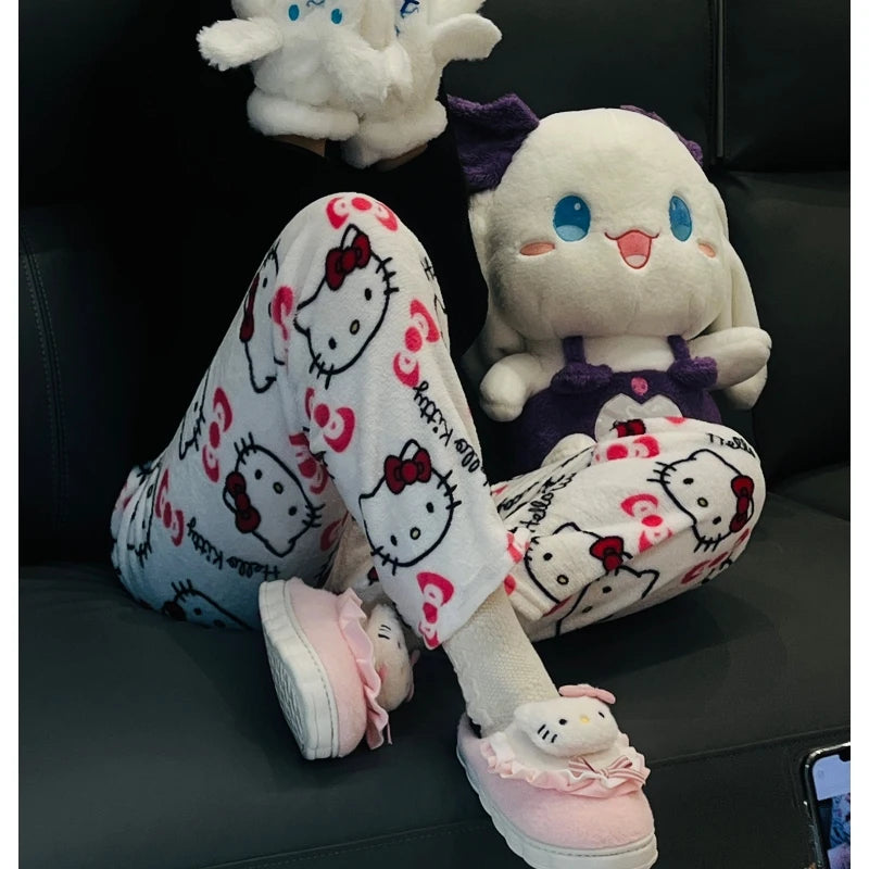 Sanrio Hello Kitty Pajamas Pants Black Pink Anime Flannel Women Warm Woolen White Cartoon Casual Home Pant Autumn Grils Trousers