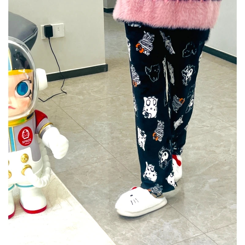 Sanrio Hello Kitty Pajamas Pants Black Pink Anime Flannel Women Warm Woolen White Cartoon Casual Home Pant Autumn Grils Trousers