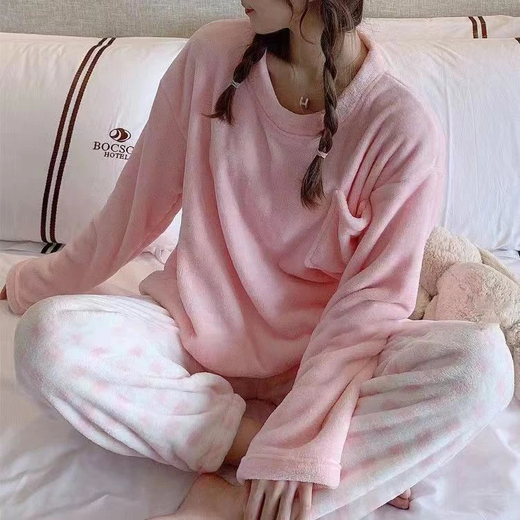 Autumn New Warm Round NeckLong Sleeve 2 Piece Outfit Set Women Plush Home Clothes for Women Cute Printing Pajamas for Girls