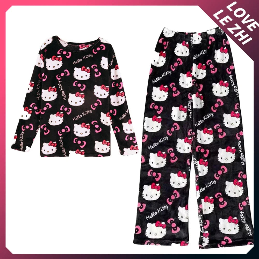 2PCS Sanrioed Hello Kittys Kawaii Loungewear Set Loose Flannel Ladies Pajama Pants Girl Autumn Women Casual Cute Home Clothing