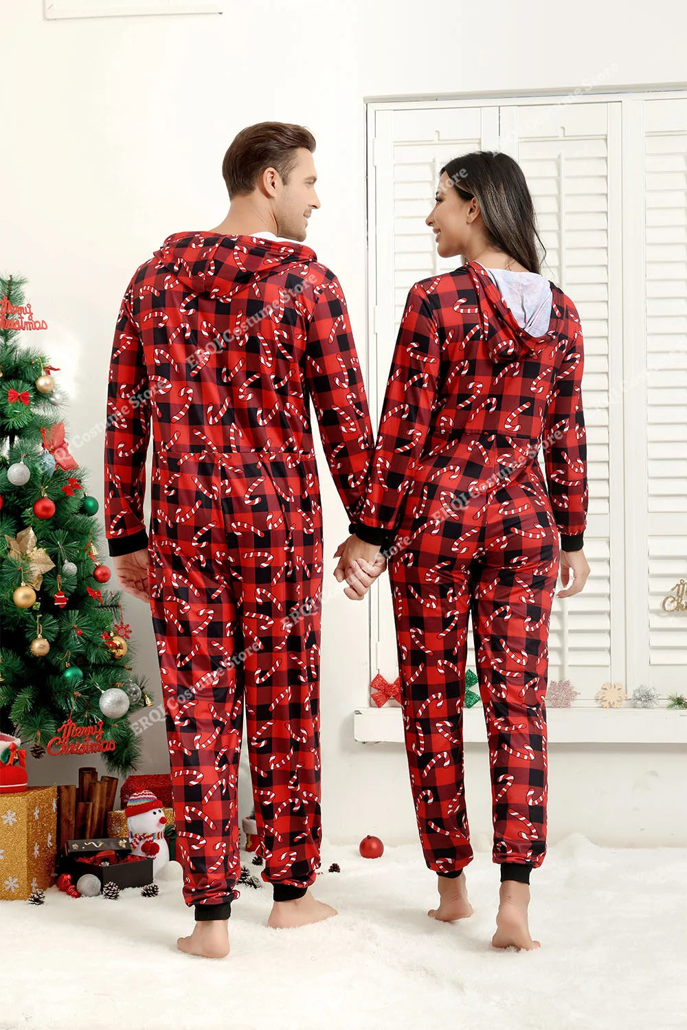 Adult Onesie Pajamas Christmas Matching Pajamas For Couples Black&Red Grid Pajamas Set Family One Piece Jumpsuit Hoodie Women