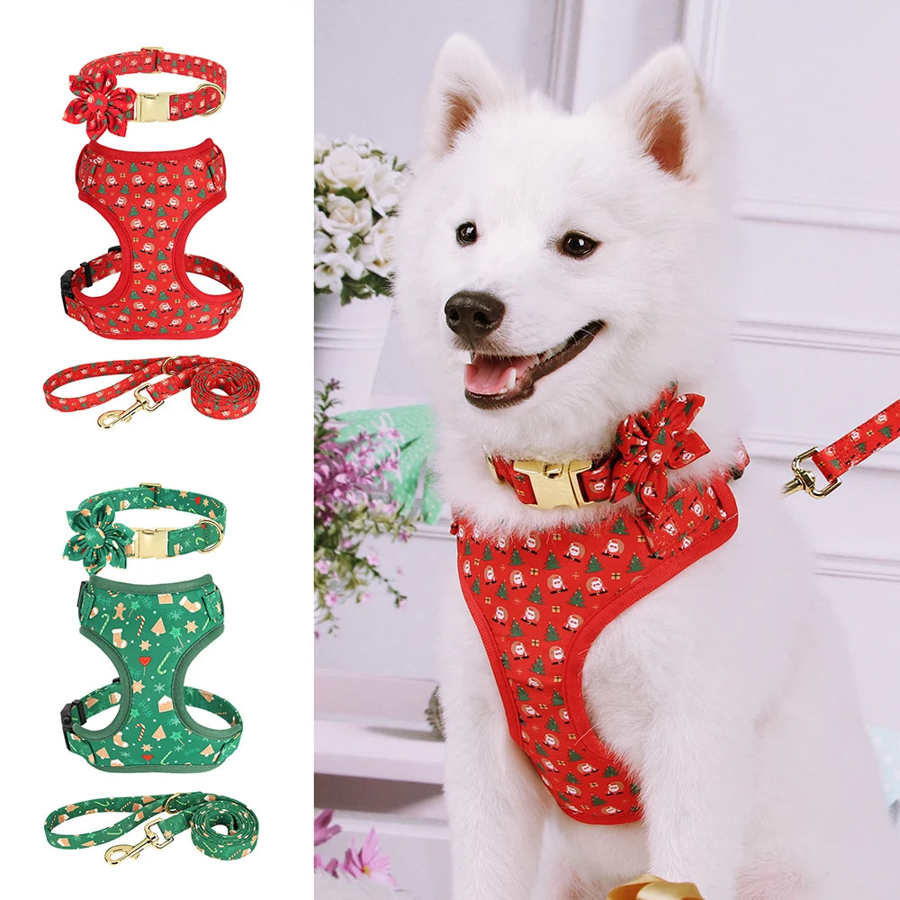 3pcs/set Dog Harness Collar Leash Set Christmas Gift Set for Dogs Cute Flower Accessory Dogs Christmas Collar for Chihuahua Pug