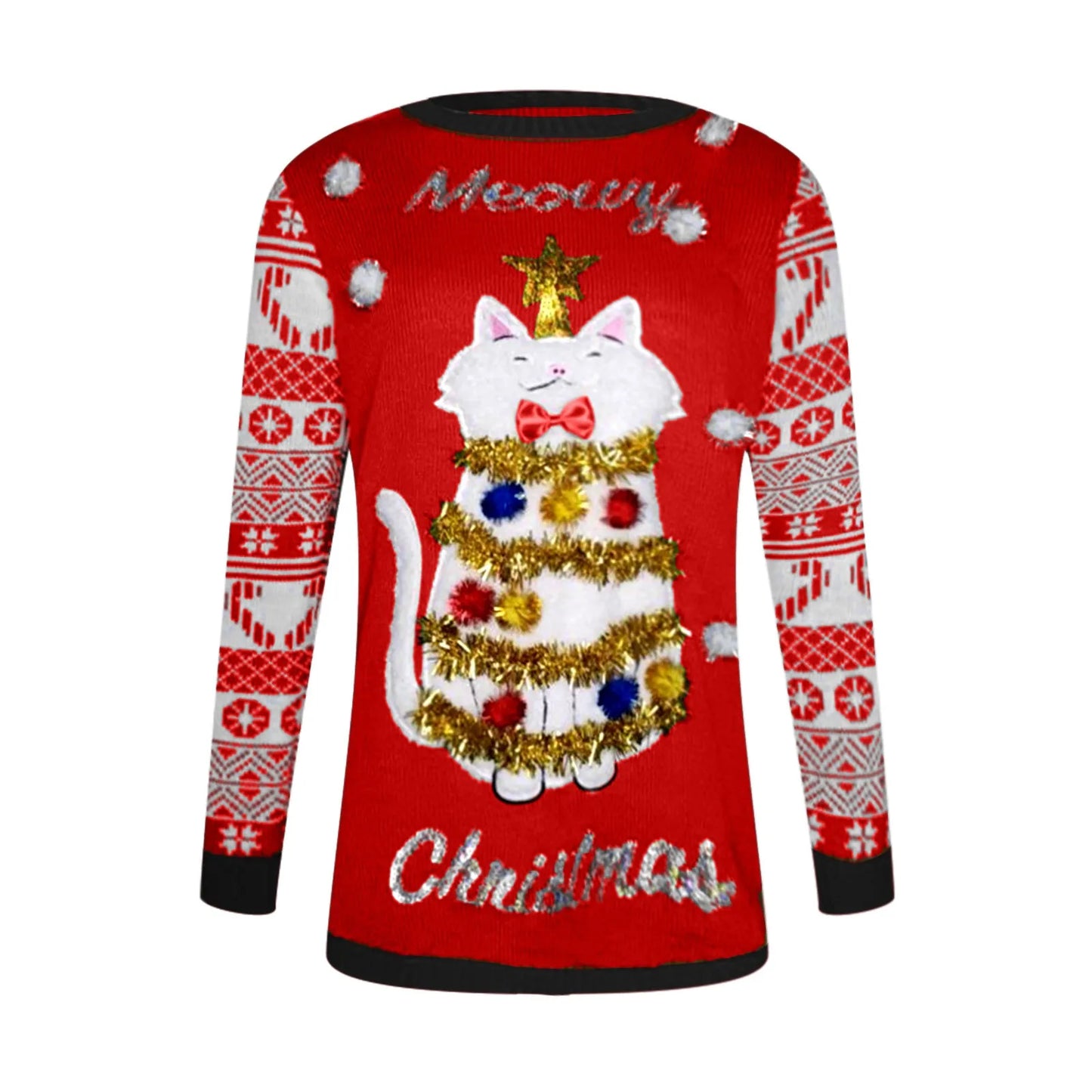 2024 Christmas Cartoon Cat Print Women’s Ugly Sweater – Cozy O-Neck Pullover for Autumn & Winter