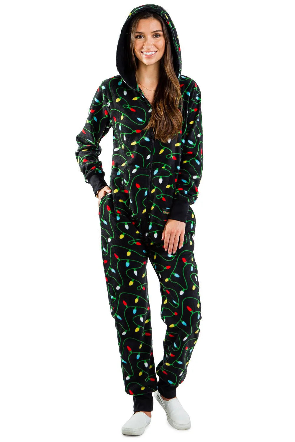 Christmas Printed Hooded Jumpsuit for Women 2023 Autumn Winter Couples New Striped Elk Zipper Pocket Pajamas Sleepwear