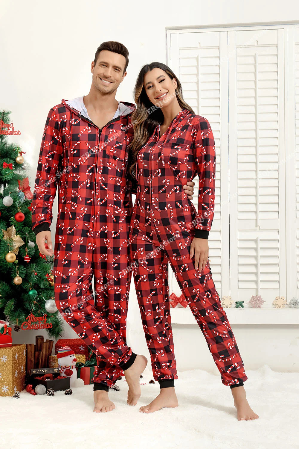 Adult Onesie Pajamas Christmas Matching Pajamas For Couples Black&Red Grid Pajamas Set Family One Piece Jumpsuit Hoodie Women