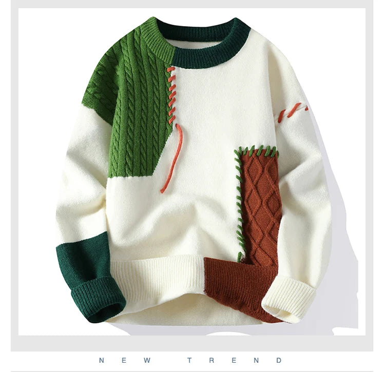 2024 Autumn Winter Warm Sweaters Patchwork Pullovers Korean Style Round Neck Knitted Sweater Men Women Fashion Knitwear