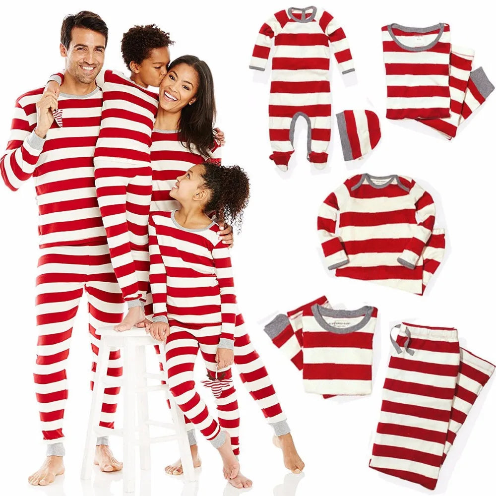 Christmas Family Matching Pajamas Set for Mom, Kids, and Baby – Cute Striped Sleepwear for Xmas