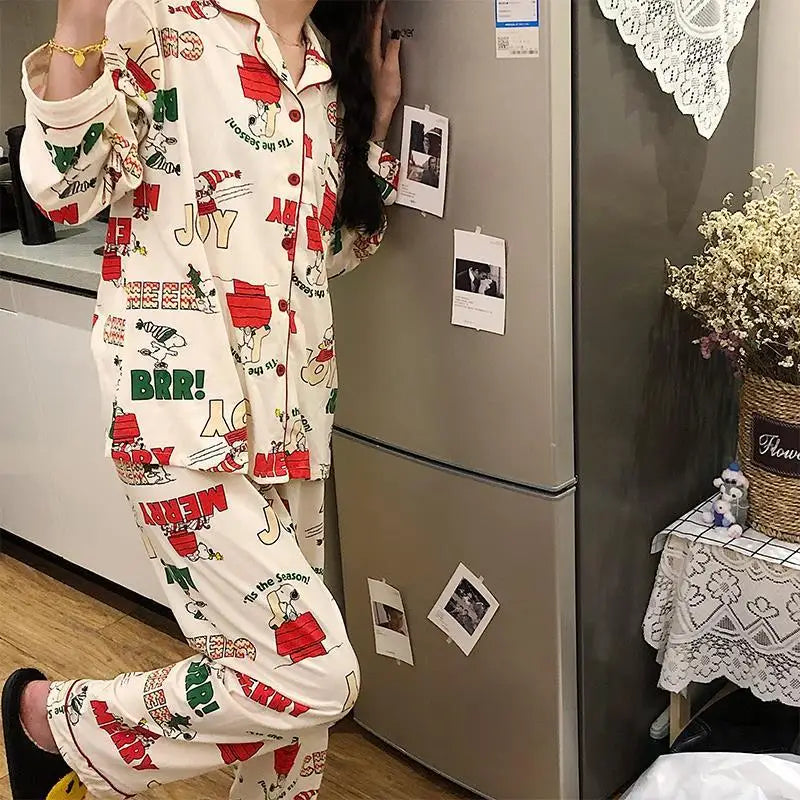 Ins Christmas Tree Snoopy Pajamas Cartoon Soft Female Cardigan Couple Long Sleeved Trousers Anime Home Service Suit Girls Gifts