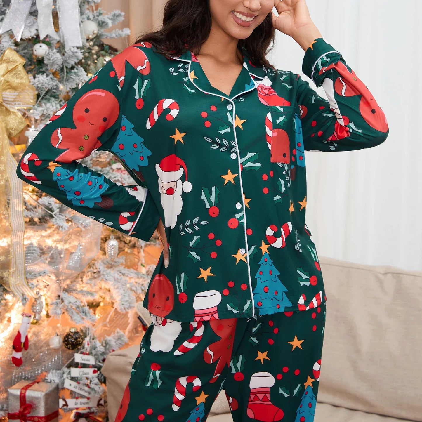 Women Christmas Pajamas Set Element Print Long Sleeve Shirt and Elastic Pants for Loungewear Soft Sleepwear