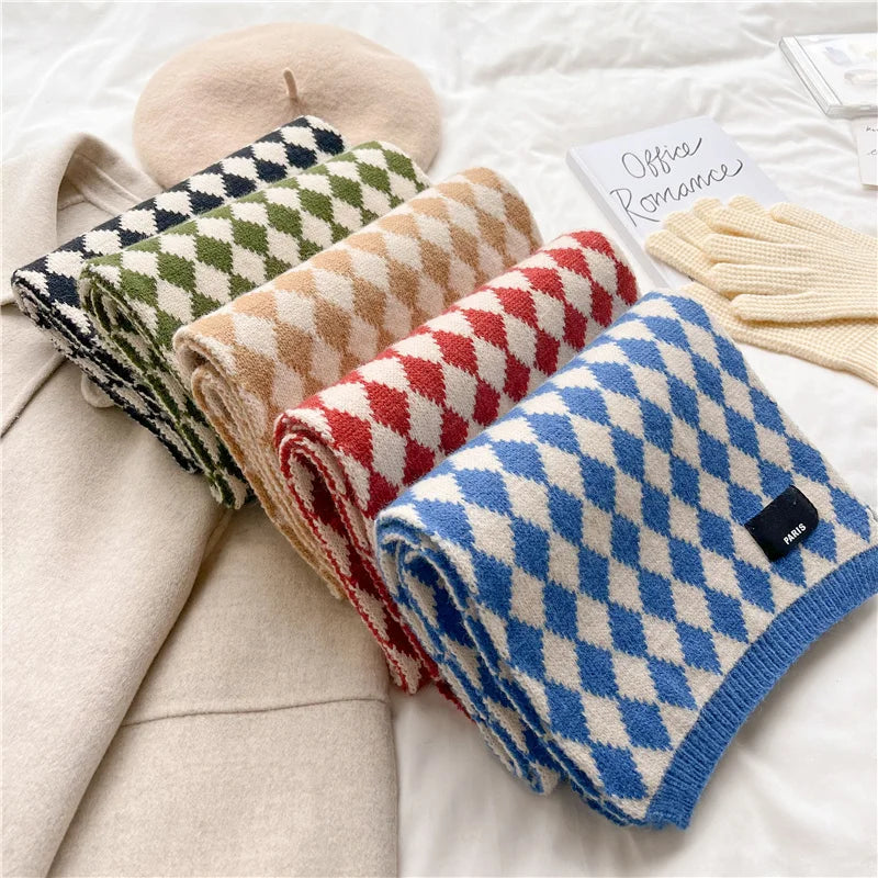 2023 Magic Scarf Skinny Neckerchief for Women Knitted Winter Warm Korean Style Diamond Scarves Woolen Yarn Shawl Wraps Bufanda