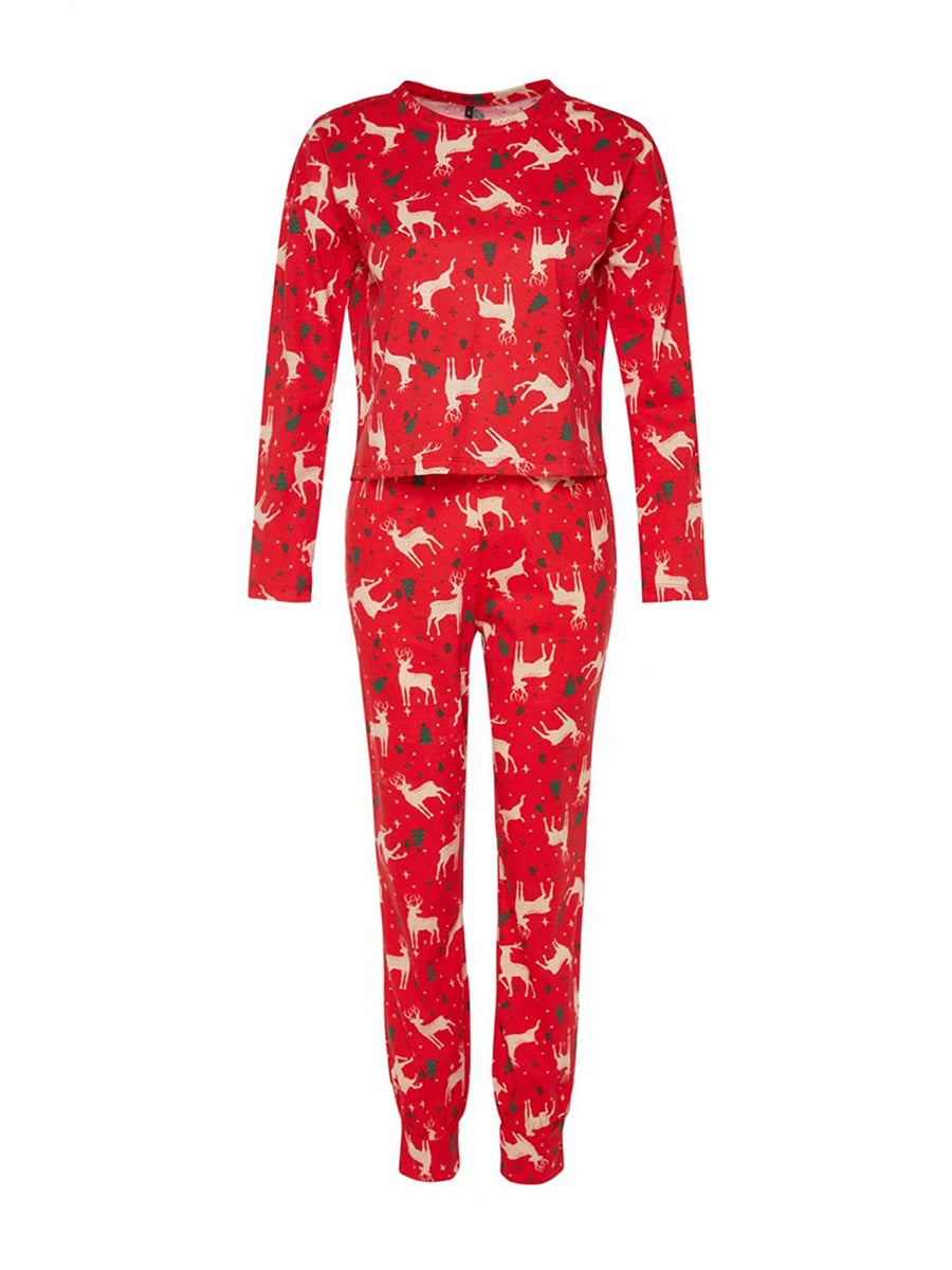 Women Christmas Pajamas Set Candy Cane/Elk Print Long Sleeves Shirt and Elastic Pants Loungewear Soft Sleepwear