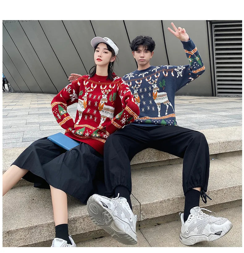 Korean Style Christmas Elk Sweater – Casual Crew Neck Long Sleeve Pullover