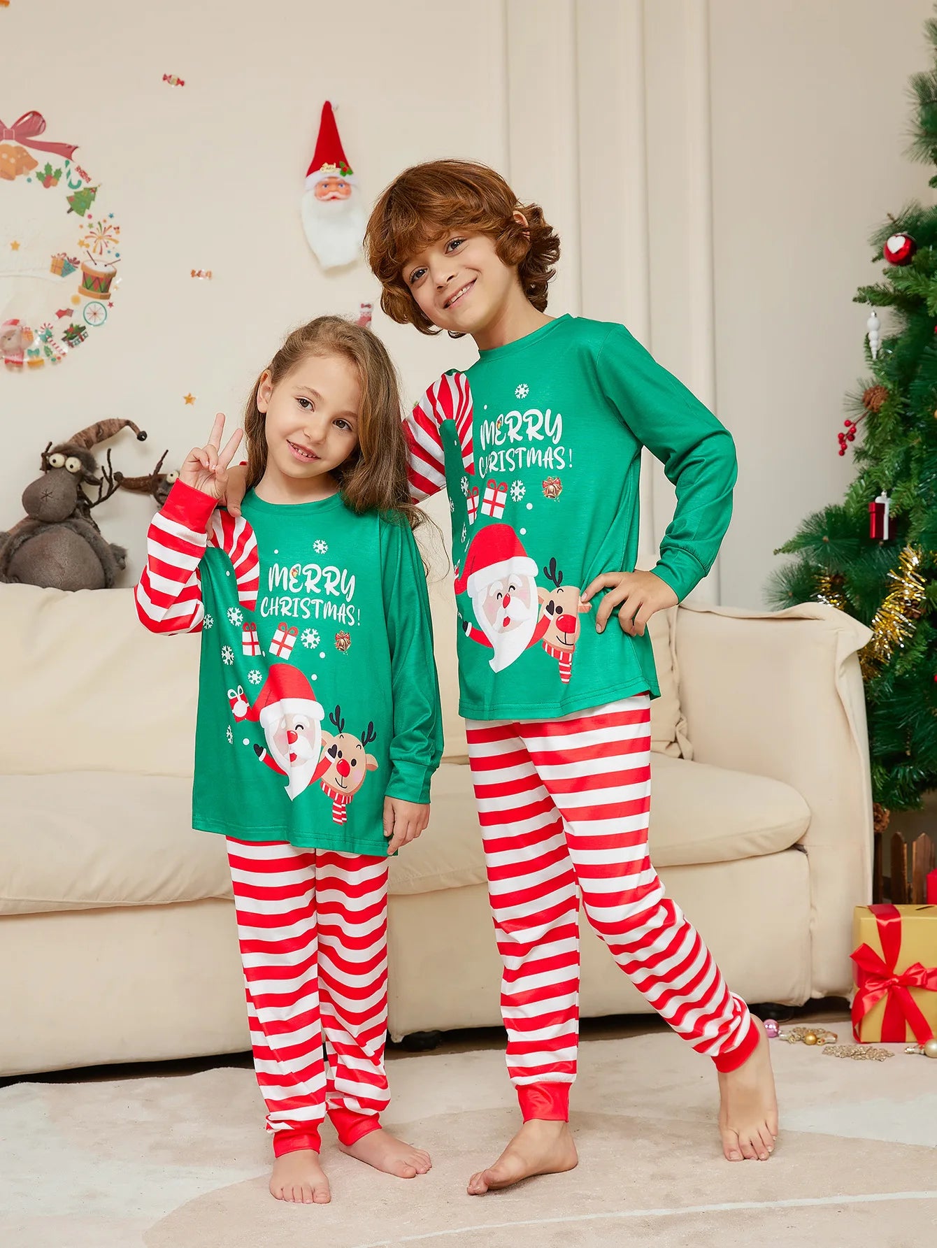 Christmas Family Matching Pajamas Set, Green Santa Claus Print for Adults, Kids & Baby