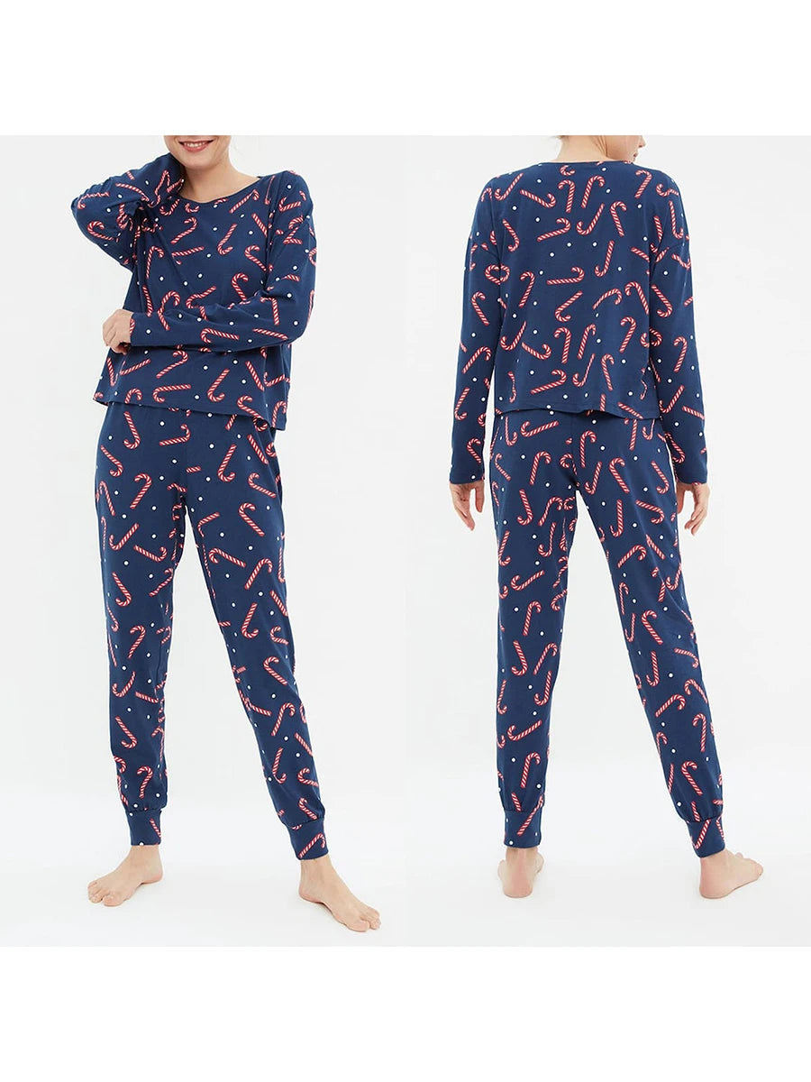 Women Christmas Pajamas Set Candy Cane/Elk Print Long Sleeves Shirt and Elastic Pants Loungewear Soft Sleepwear