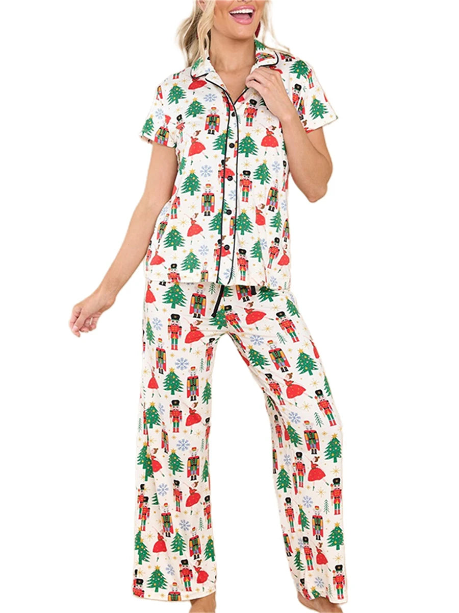 Women 2 Piece Pajamas Set Christmas Print Short Sleeves Shirt Pants Set Loungewear Soft Sleepwear