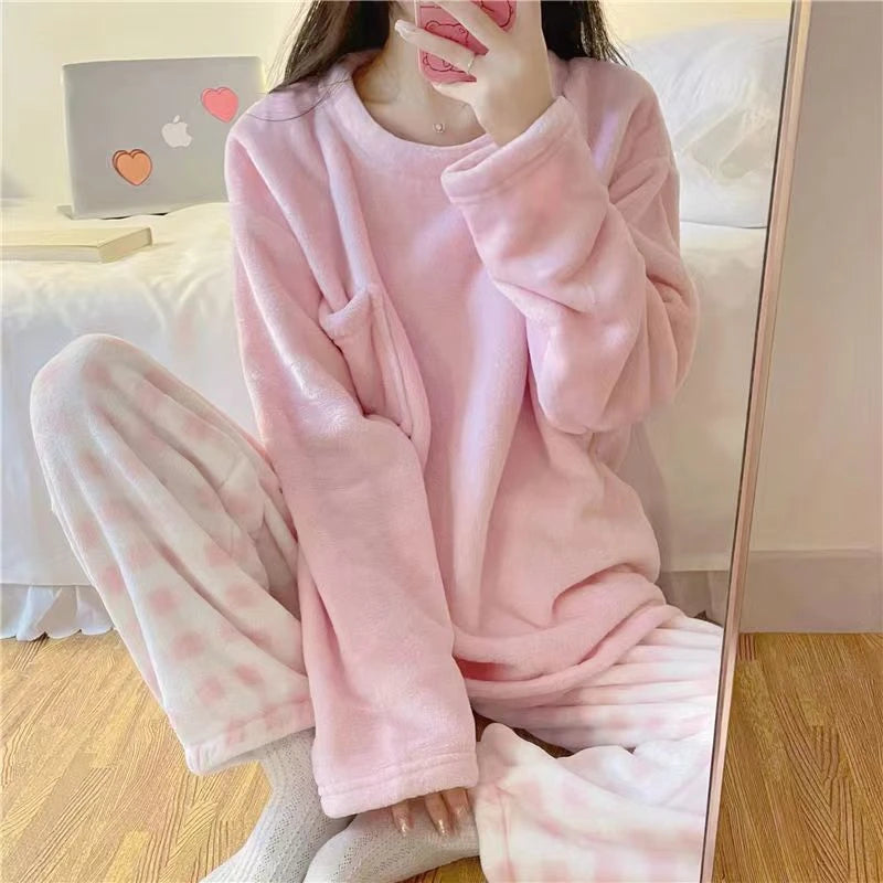 Autumn New Warm Round NeckLong Sleeve 2 Piece Outfit Set Women Plush Home Clothes for Women Cute Printing Pajamas for Girls