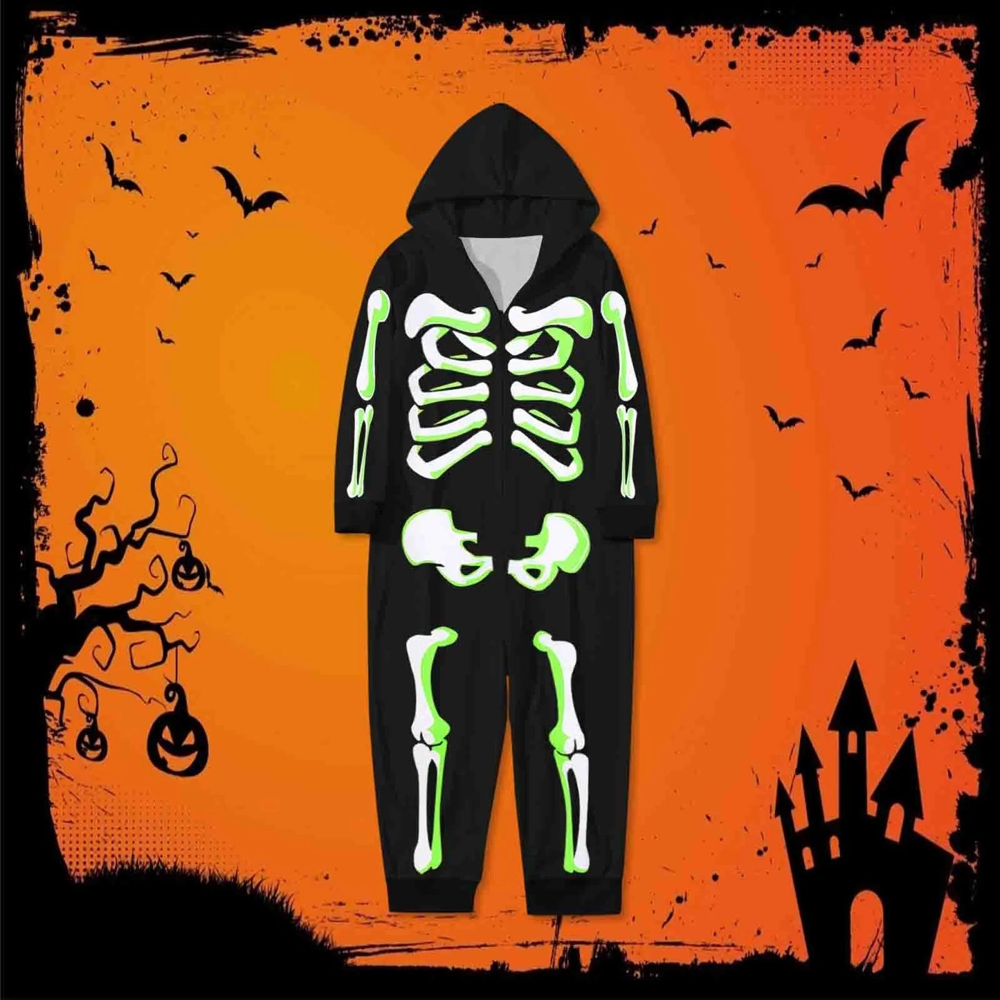 Halloween Parent-Child Skeleton Print Jumpsuit with Zipper Hood