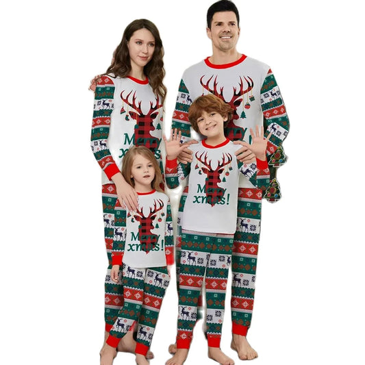 2024 Christmas family matching pajamas set with deer and striped design, perfect for parents and kids.