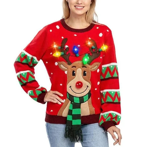 Women's LED Light-Up Christmas Sweater – Festive Reindeer Knit Holiday Pullover Top