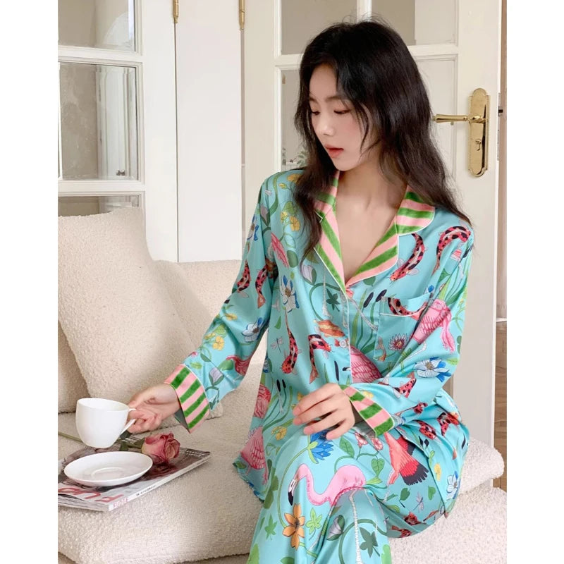 Spring Autumn New Ice Silk Soft Women's Pajamas Set Buttons Cardigan Womens 2 Piece Outfit Set Senior Printing Pajamas for Girls