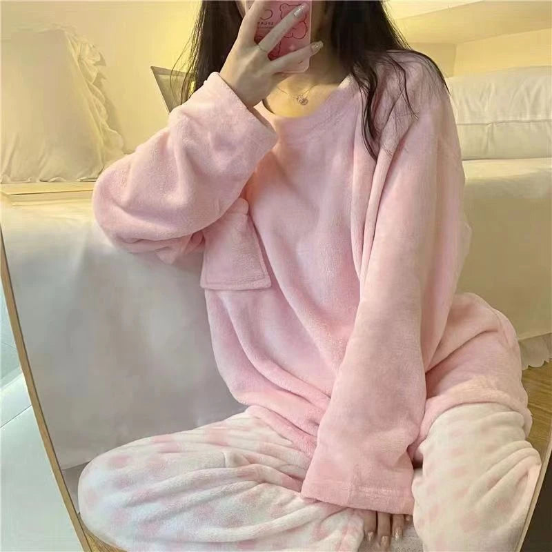 Autumn New Warm Round NeckLong Sleeve 2 Piece Outfit Set Women Plush Home Clothes for Women Cute Printing Pajamas for Girls