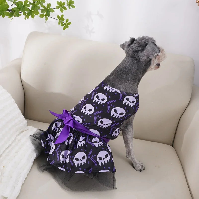 Halloween Dog Clothes with Pumpkin Print Funny Pet Dress Chihuahua Yorkie Clothing Bow Mesh Party Clothing Cat Costume Dog Dress