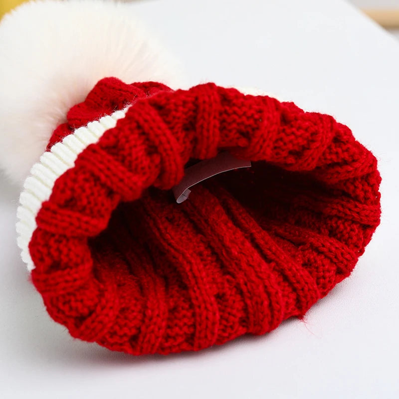 Christmas Baby Hat Warm Winter Knitted Baby Beanie Cap Solid Outdoor Pompom Toddler Children Hat Bonnet 2 sizes for Adult Kids