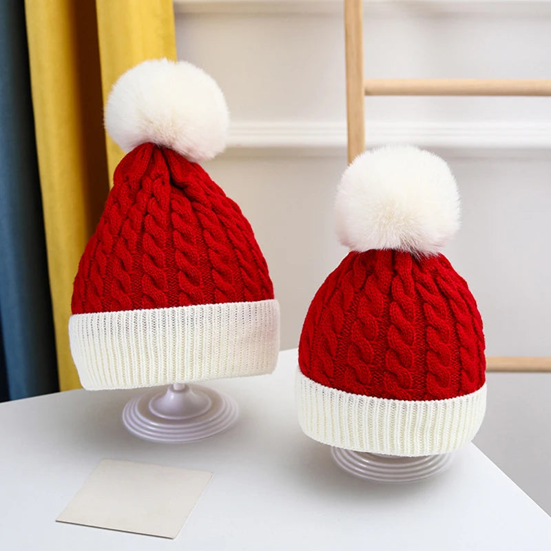 Christmas Baby Hat Warm Winter Knitted Baby Beanie Cap Solid Outdoor Pompom Toddler Children Hat Bonnet 2 sizes for Adult Kids