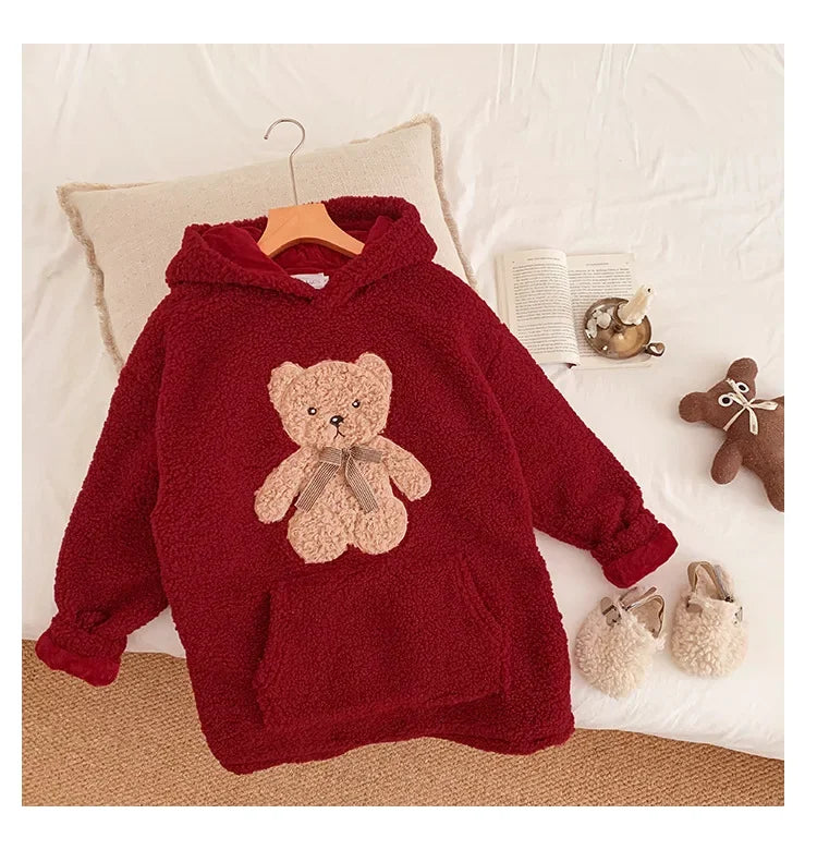 Mom Dad and Children's Winter Red Hoodies for Whole Family Bear Clothes Christmas Mother Father Daughter Son Hooded Sweatshirts