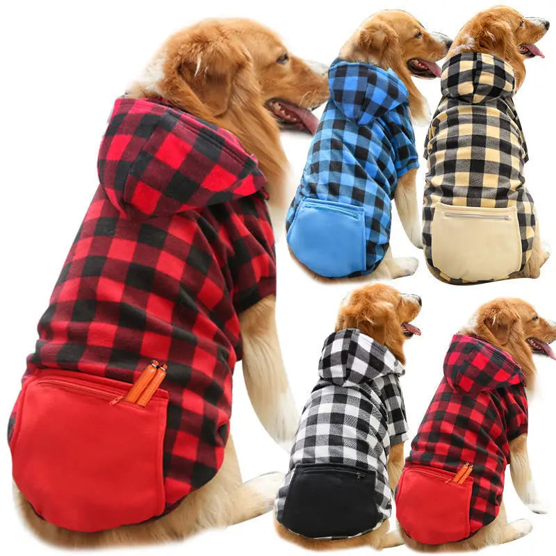 Plaid Big Dog Hoodie Sweatshirt Warm Fleece Pet Clothes Sweaters with Hat and Pocket Sport Dog Clothing Large Dog Coat & Jacket