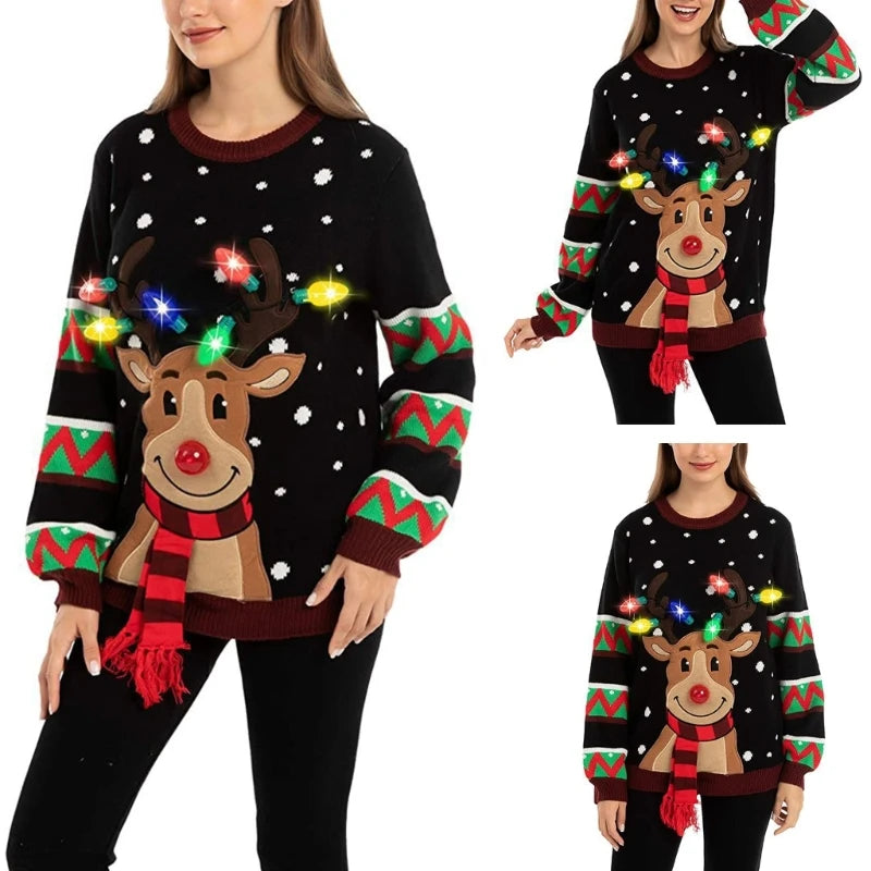 Women's LED Light-Up Christmas Sweater – Festive Reindeer Knit Holiday Pullover Top