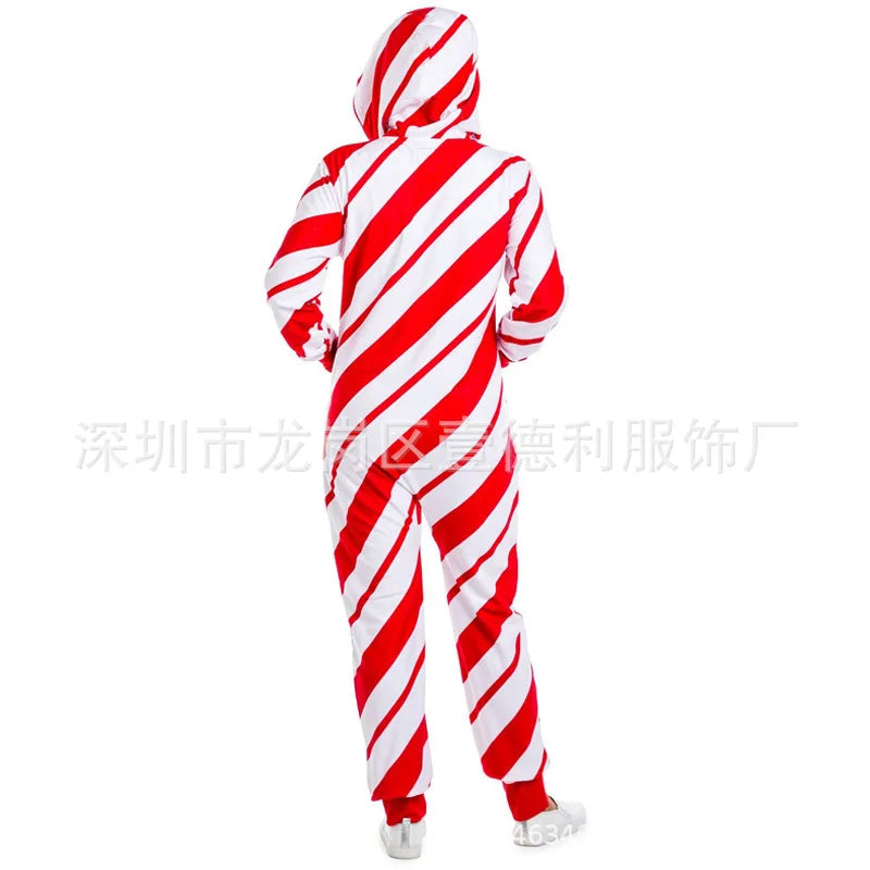 Christmas Printed Hooded Jumpsuit for Women 2023 Autumn Winter Couples New Striped Elk Zipper Pocket Pajamas Sleepwear