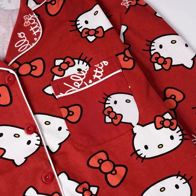 Hello Kitty Sanrio Red Pajamas Suits Y2k Kawaii Anime Button Shirts Long Pants Two Piece Sets Cute Casual Pajamas Suit For Women