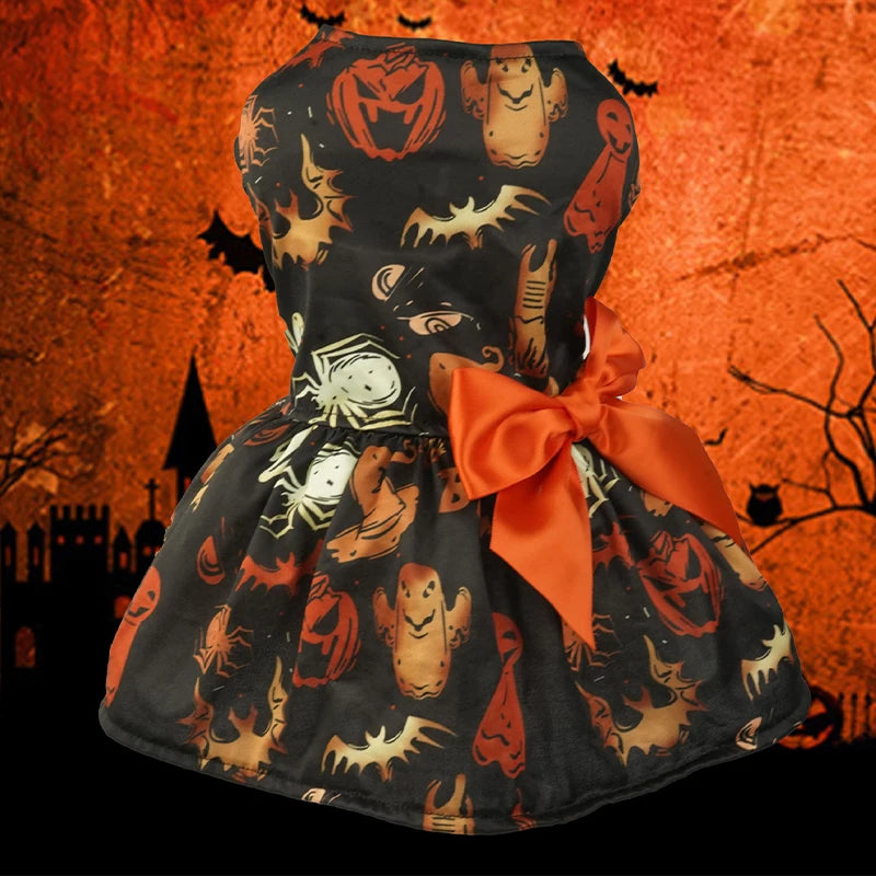 Halloween Dog Clothes with Pumpkin Print Funny Pet Dress Chihuahua Yorkie Clothing Bow Mesh Party Clothing Cat Costume Dog Dress