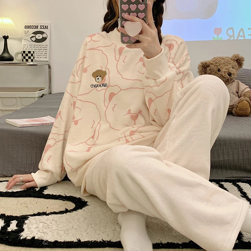 Autumn New Warm Round NeckLong Sleeve 2 Piece Outfit Set Women Plush Home Clothes for Women Cute Printing Pajamas for Girls