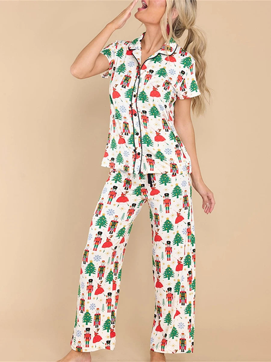 Women 2 Piece Pajamas Set Christmas Print Short Sleeves Shirt Pants Set Loungewear Soft Sleepwear