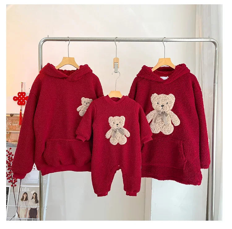 Mom Dad and Children's Winter Red Hoodies for Whole Family Bear Clothes Christmas Mother Father Daughter Son Hooded Sweatshirts