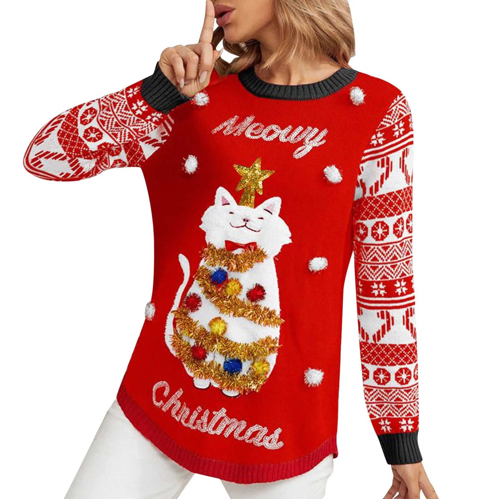 Women’s 2024 Christmas Cartoon Cat Print Ugly Sweater in cozy knitwear style, perfect for autumn and winter wear.