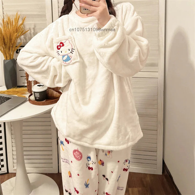 Cinnamoroll & Kuromi Hello Kitty Fuzzy Plush 2 Pcs Pajamas for Women Autumn Winter New Warm Cozy Sleepwear Home Casual Clothes