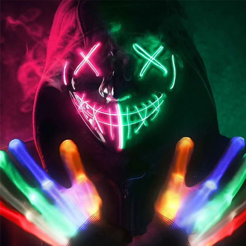 Halloween LED Flashing Skull Gloves, Rainbow Glow Gloves for Boys & Girls, Perfect for Parties