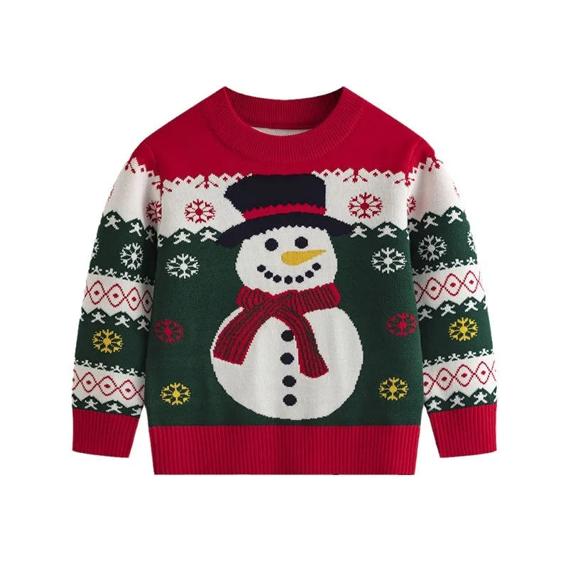 2024 Boys Christmas Cartoon Jumper Kids Snowman Warm Round Neck Top Autumn Winter New Girls Cute Casual Fashion Clothes 3-7 Year