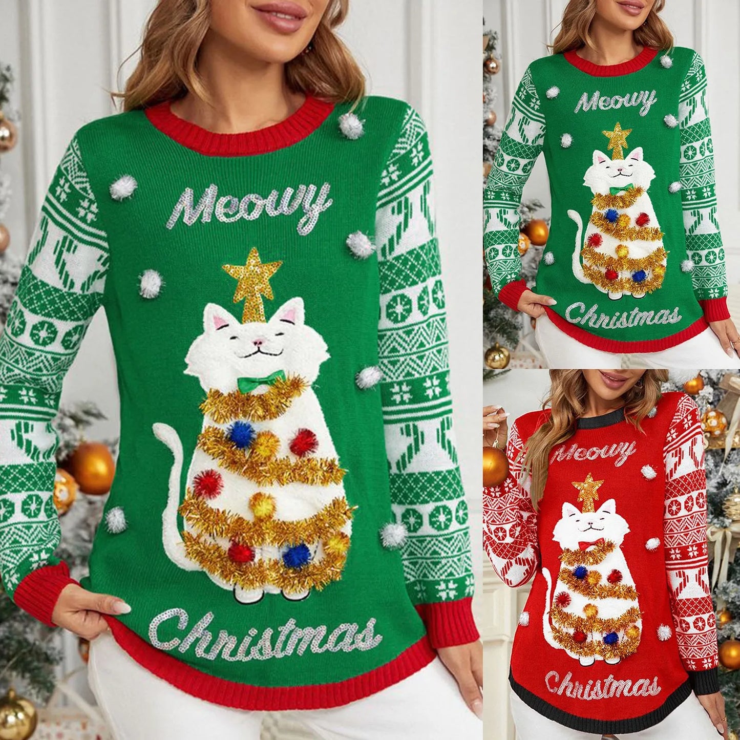 2024 Christmas Cartoon Cat Print Women’s Ugly Sweater – Cozy O-Neck Pullover for Autumn & Winter