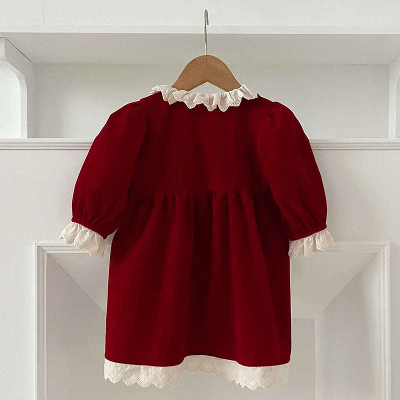 Fashion Christmas Party Dress Baby Girl Lace Princess Ruffle Satin Finish Dress Christmas Holiday Autumn Winter Wear Kids Girl