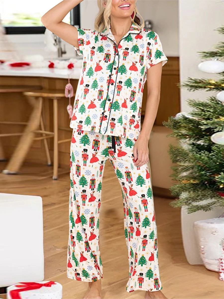 Women 2 Piece Pajamas Set Christmas Print Short Sleeves Shirt Pants Set Loungewear Soft Sleepwear