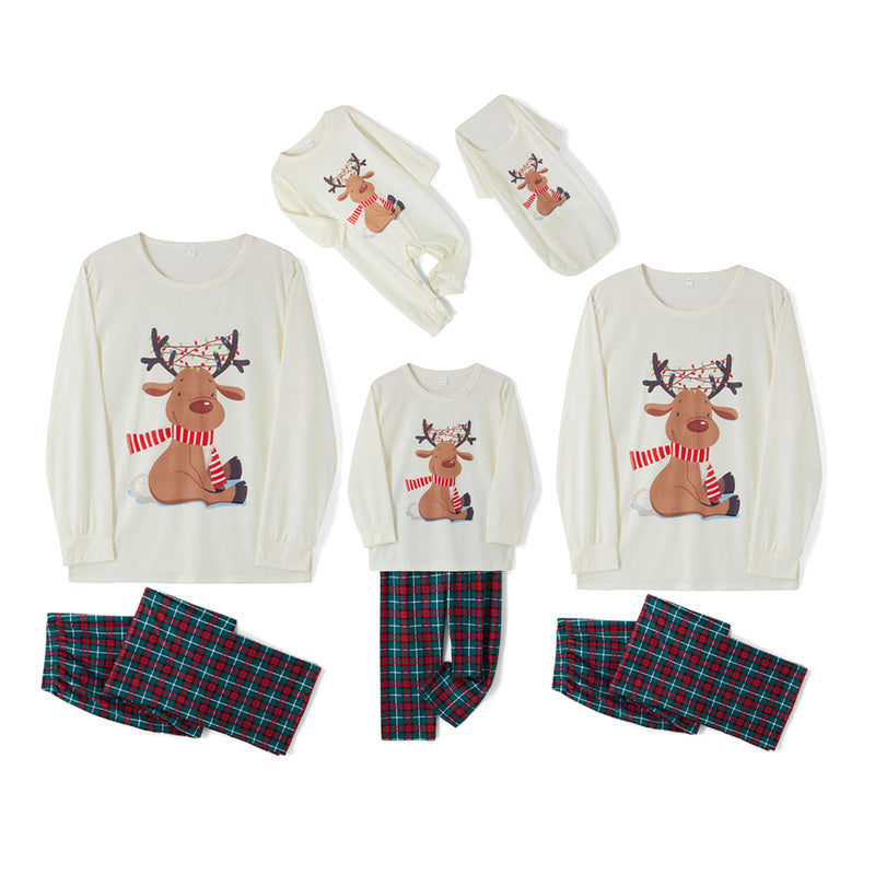 Family Christmas Pajamas Matching Set, Elk Print Long-Sleeve Tops with Plaid Pants Sleepwear Set for Adult, Kid, Baby, Dog