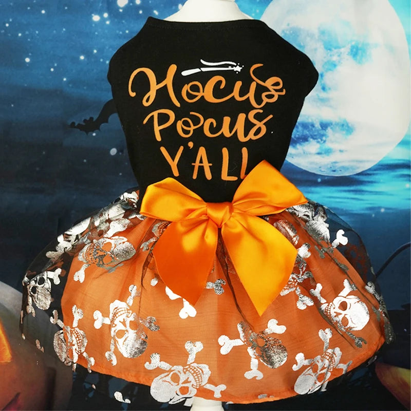 Halloween Dog Clothes with Pumpkin Print Funny Pet Dress Chihuahua Yorkie Clothing Bow Mesh Party Clothing Cat Costume Dog Dress